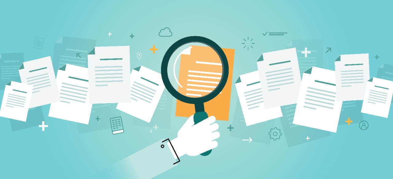 Illustration of a hand holding a magnifying glass over documents