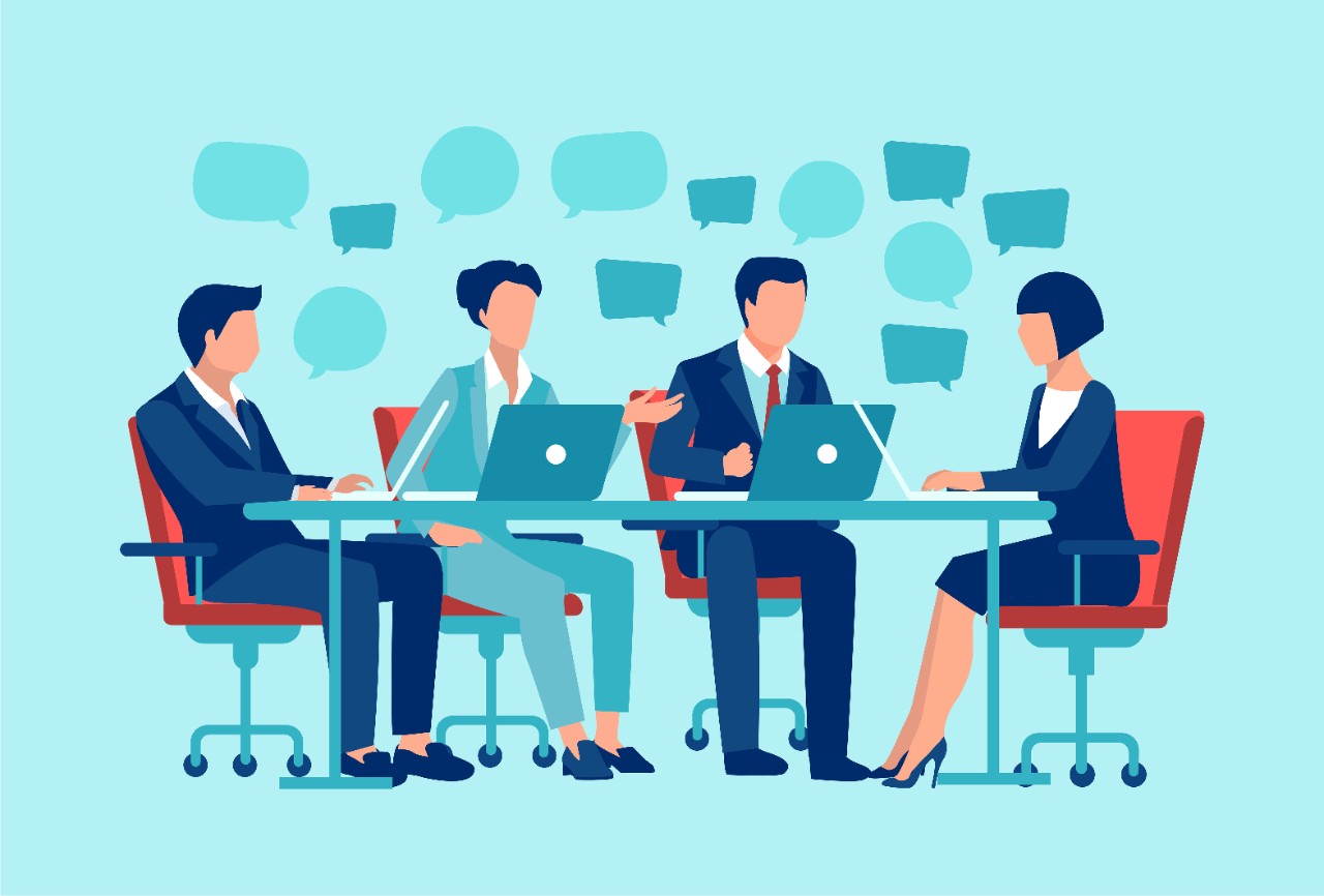 Illustration of People sitting at a table in front of laptops, dressed in business suits