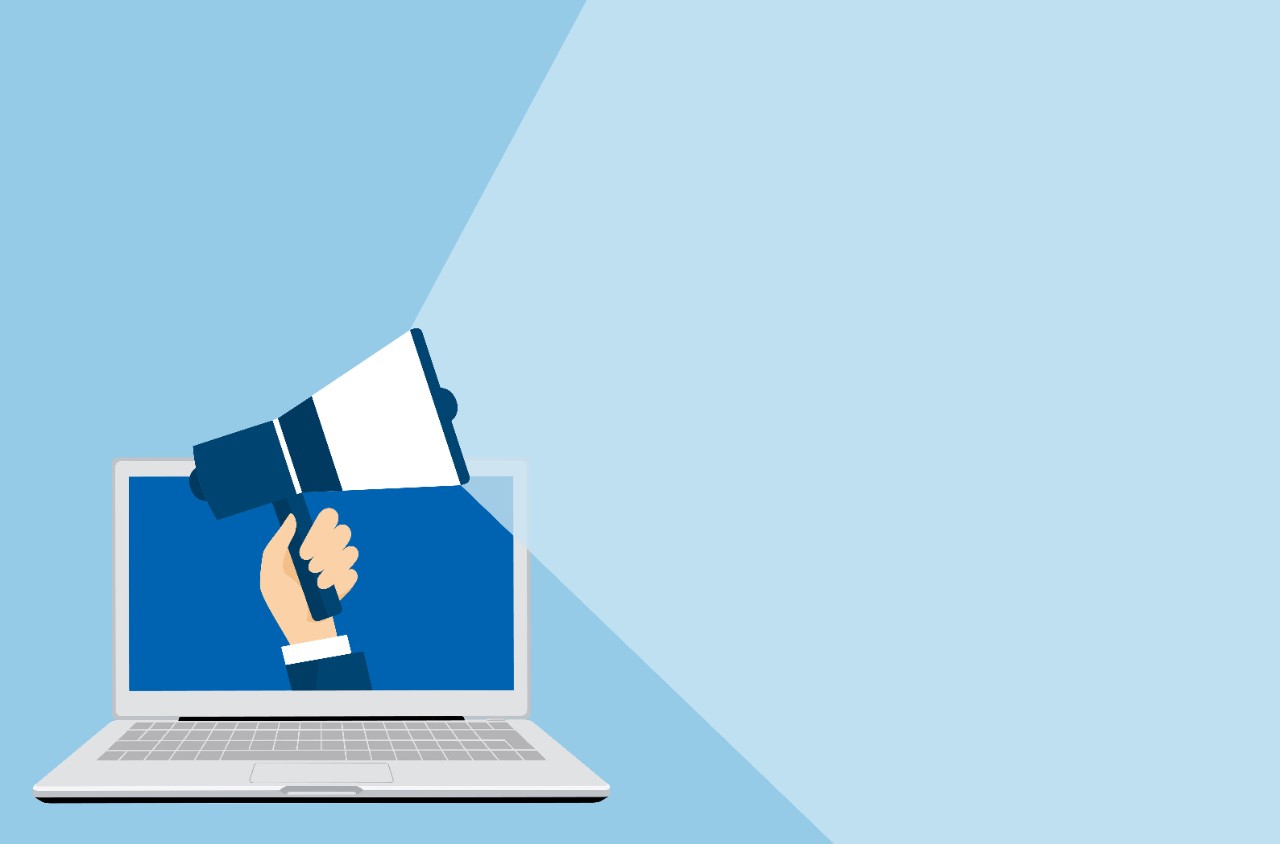 Illustration of a hand carrying a bullhorn coming out of a laptop screen