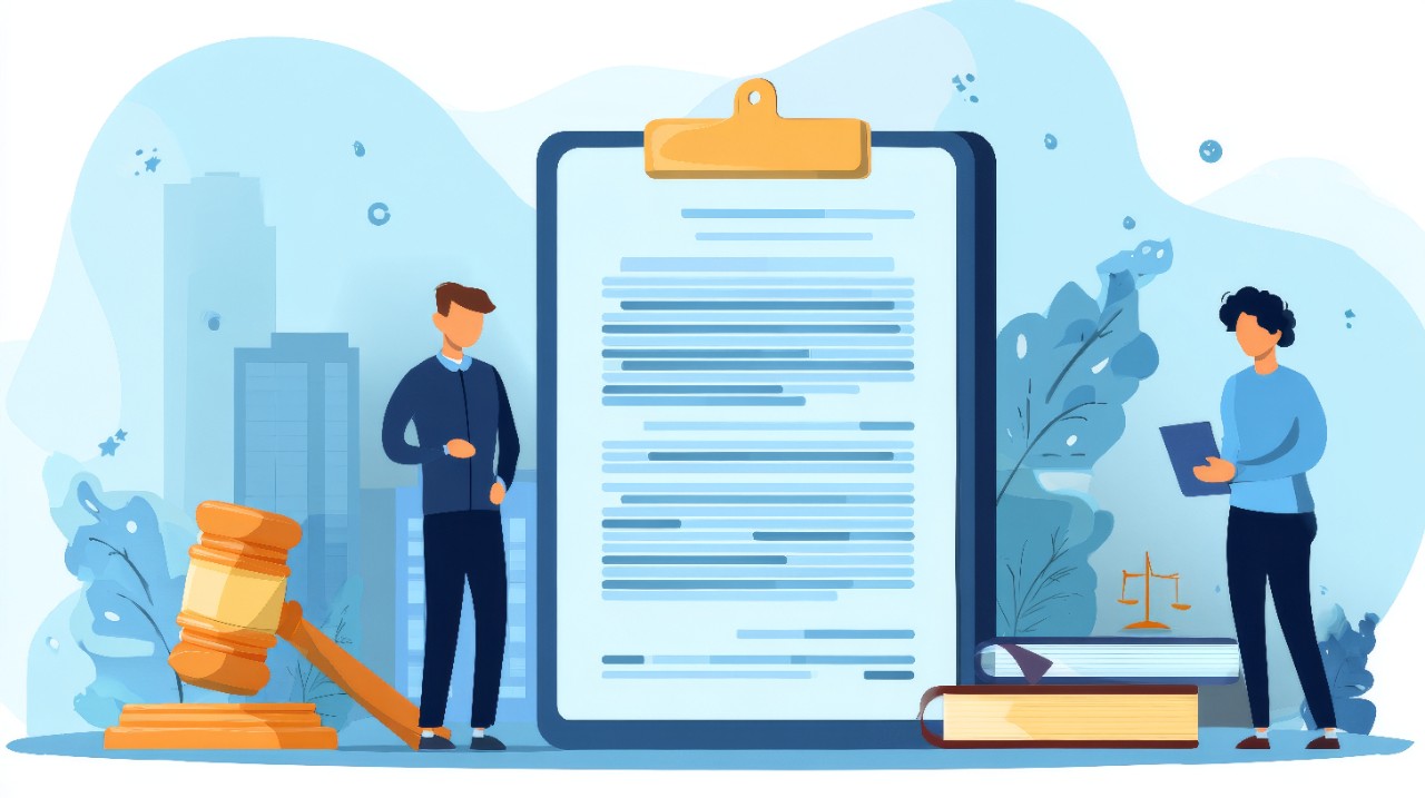 Illustration of a man and woman standing next to a large clipboard, gavel, and books
