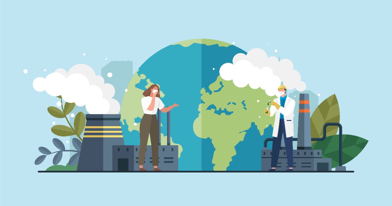 Illustration of the earth next to factories and a man and woman wearing masks