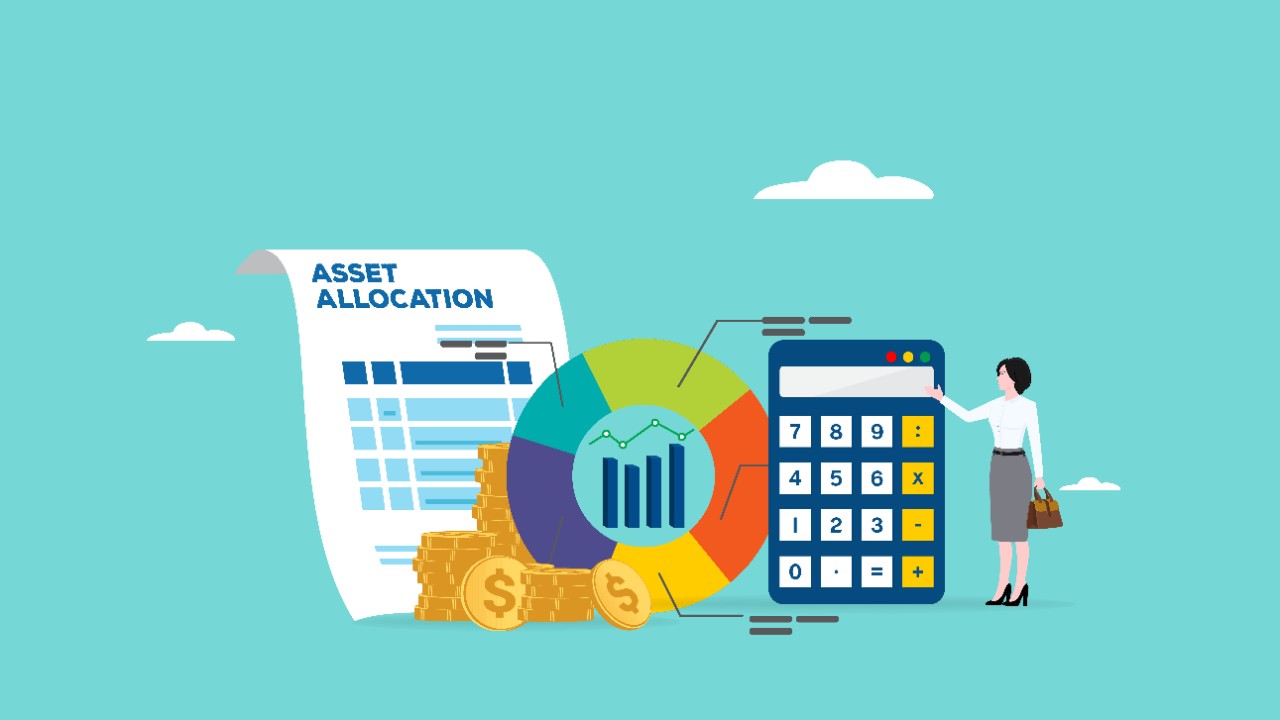 Illustration of woman pointing at calculator, money, graph and document with words Asset Allocation