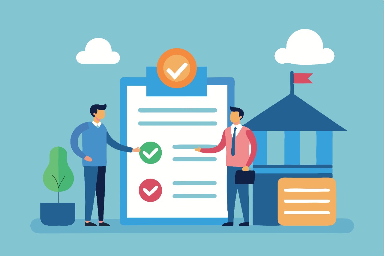 Illustration of two men pointing at a large clipboard with checkmarks