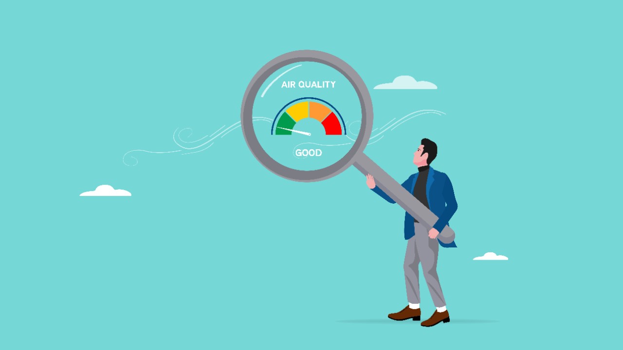 Illustration of a Man holding a magnifying glass over an Air Quality Gauge