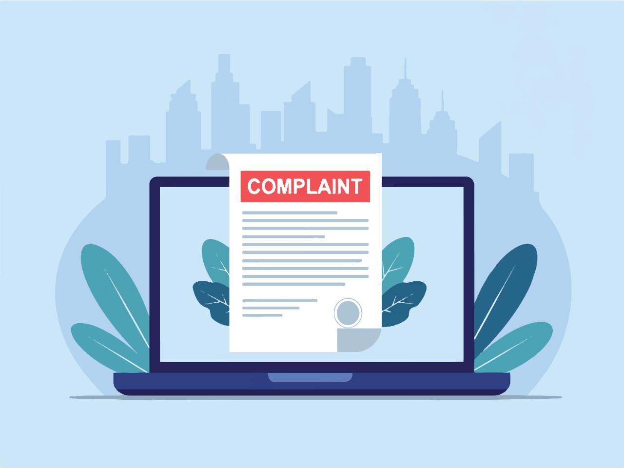 Illustration of a laptop with a Complaint notice over it