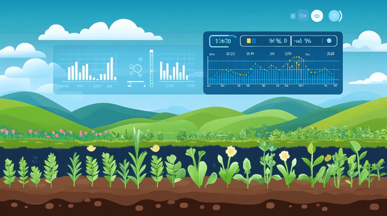 Illustration of a digital dashboard showing real-time data, charts, and graphs over a scene of plants, flowers, mountains and sky