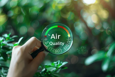 Person holding a magnifying glass in the air with the words Air Quality on it