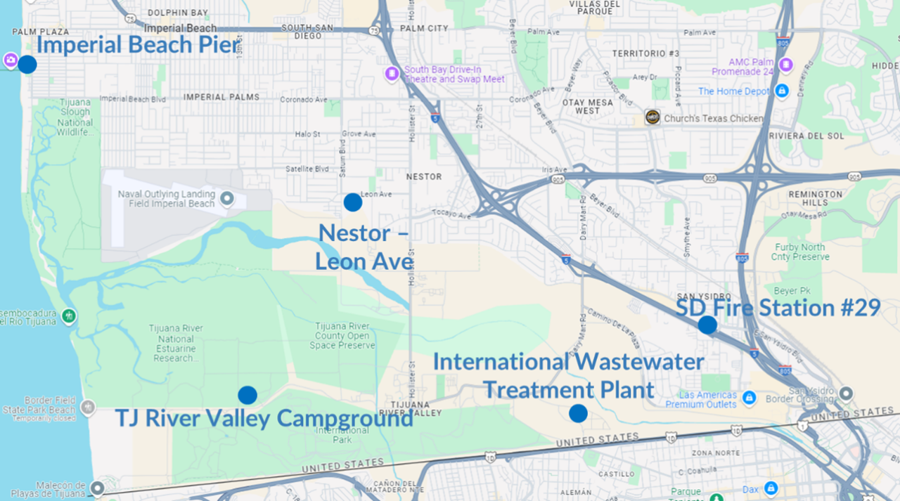 Map of SDAPCD sensor locations in the Tijuana River Valley.