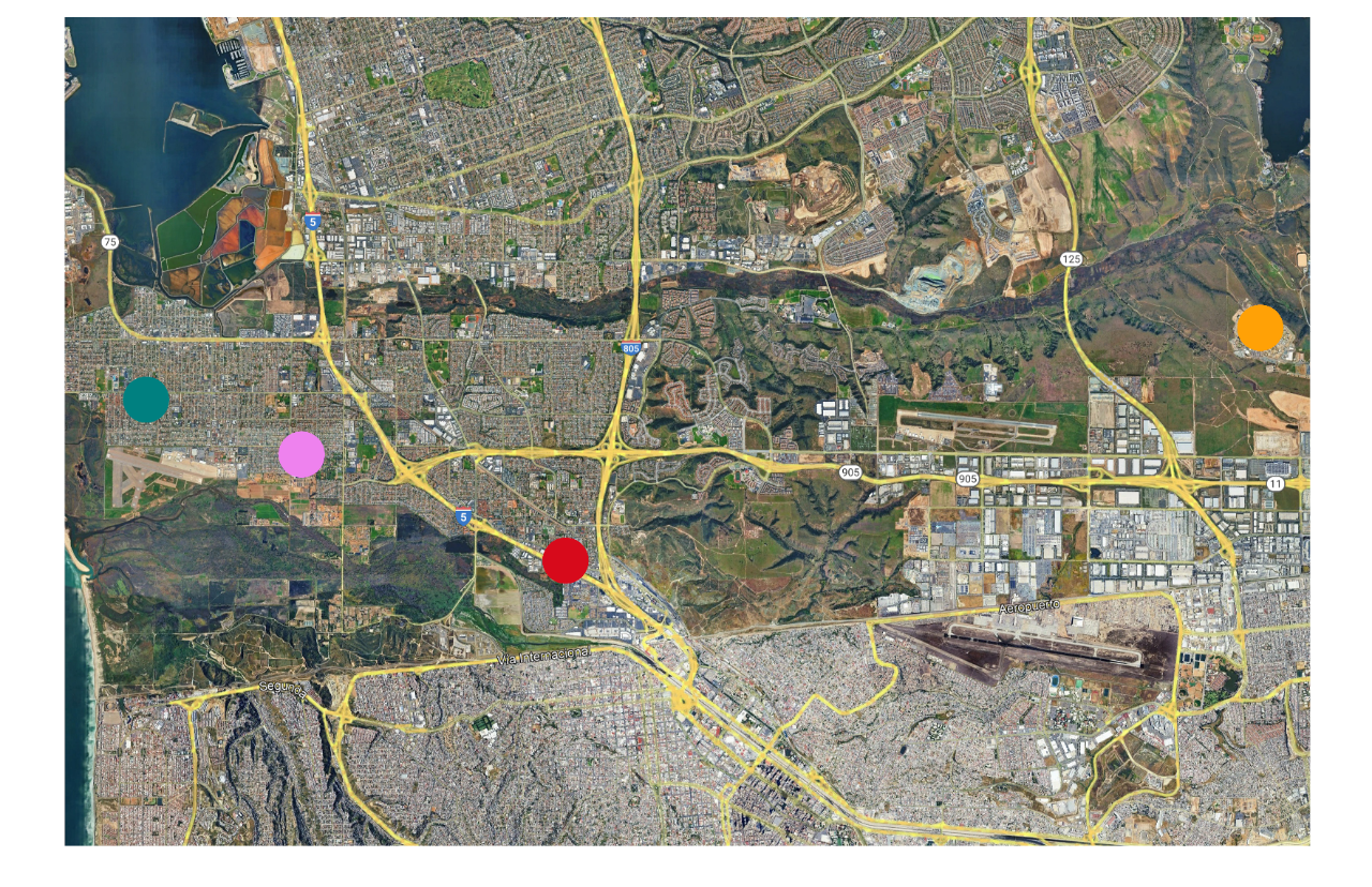 Map of the four community air quality monitoring sites in the AB 617 designated International Border Community.