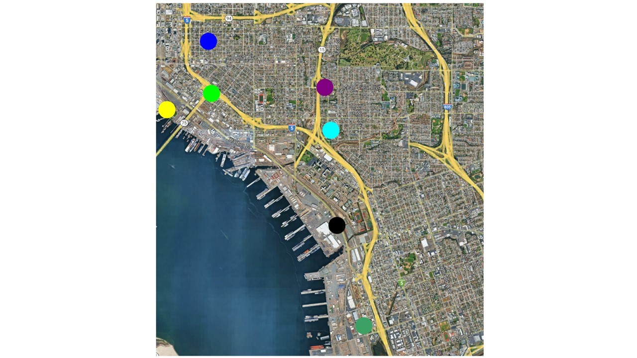 Map of the seven (five active and two planned) community air quality monitoring sites in the AB617 designated Portside Community.