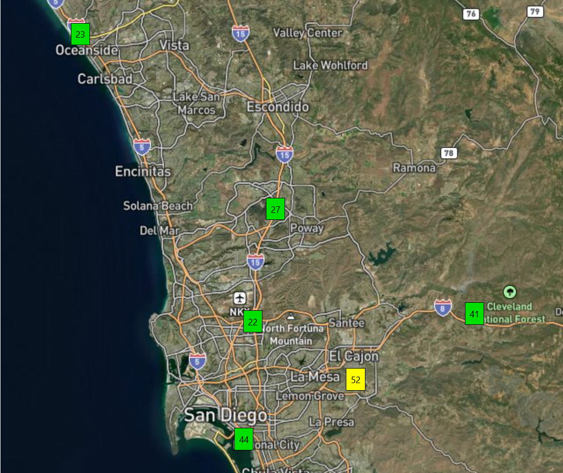 Map displaying some of the regional air monitoring sites in San Diego County.