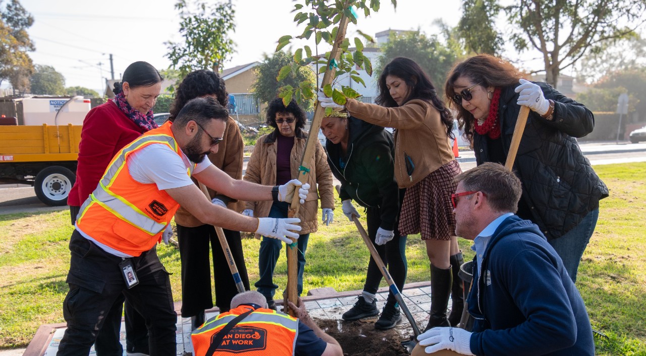 Members of the International Border Community Steering Committee join City of San Diego and Casa Familiar staff to help plant a tree in San Ysidro Park.